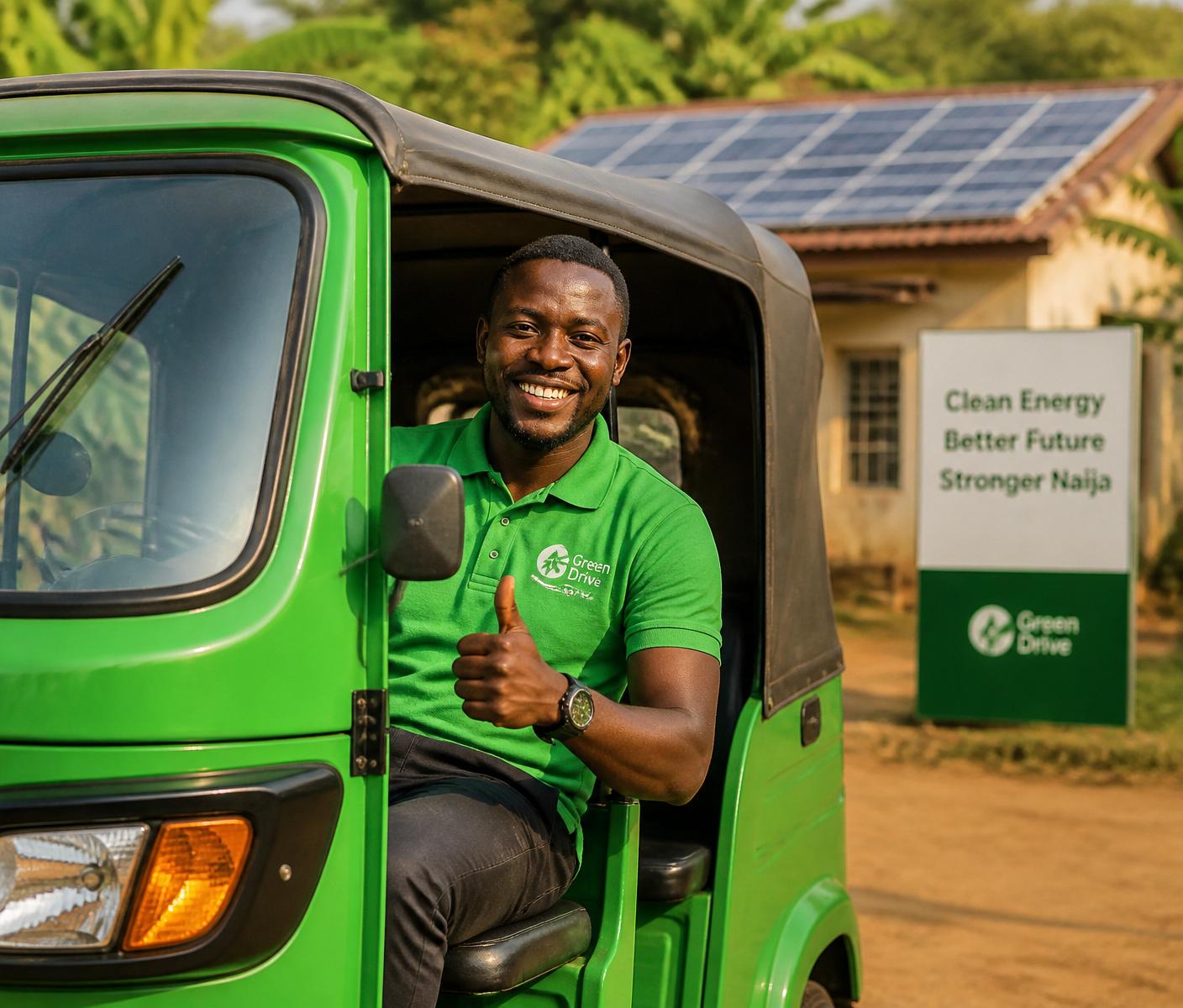 Nigerian keke driver in green shirt smiling and giving thumbs up in front of a solar-powered house